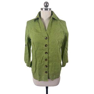 Zoe D. Linen Button Down Shirt Womens Small Green Embroidered Beachy ResortWear